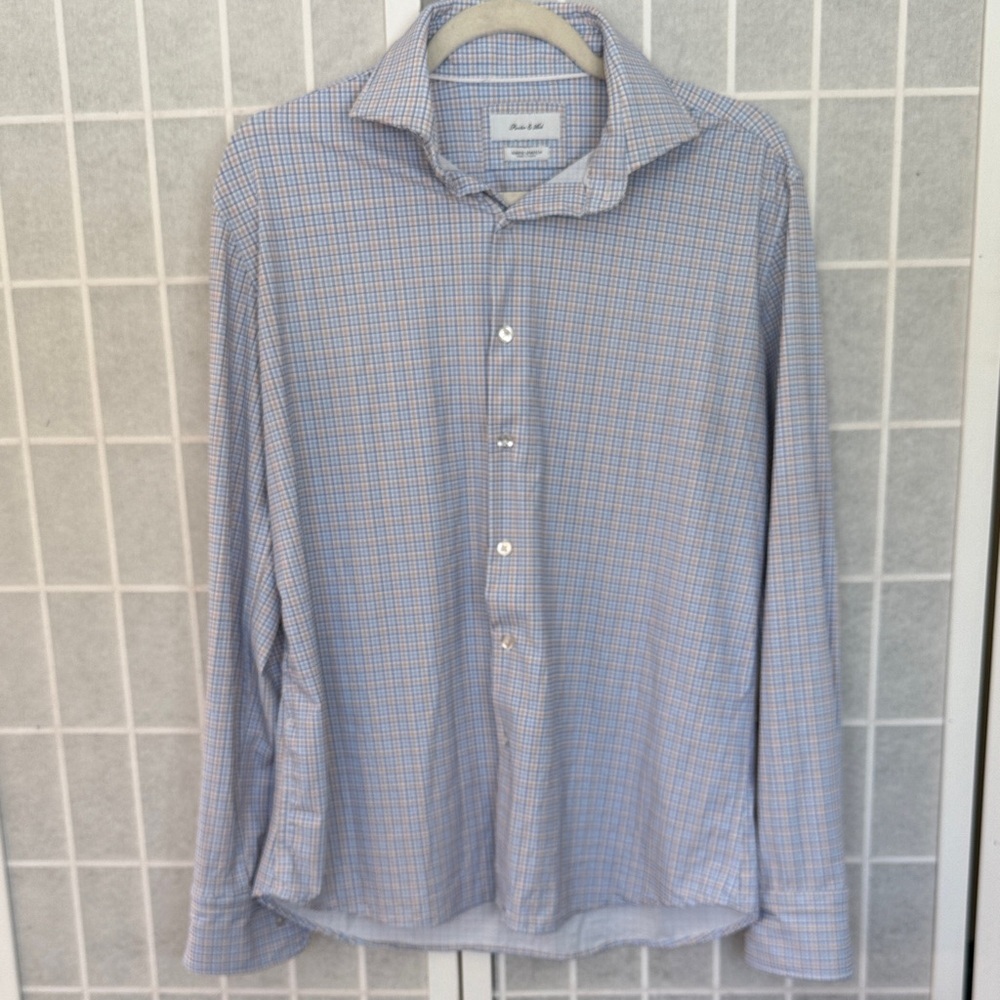 Porter and Ash Men’s Button Up Light Blue and White Checkered Dress Shirt Size M